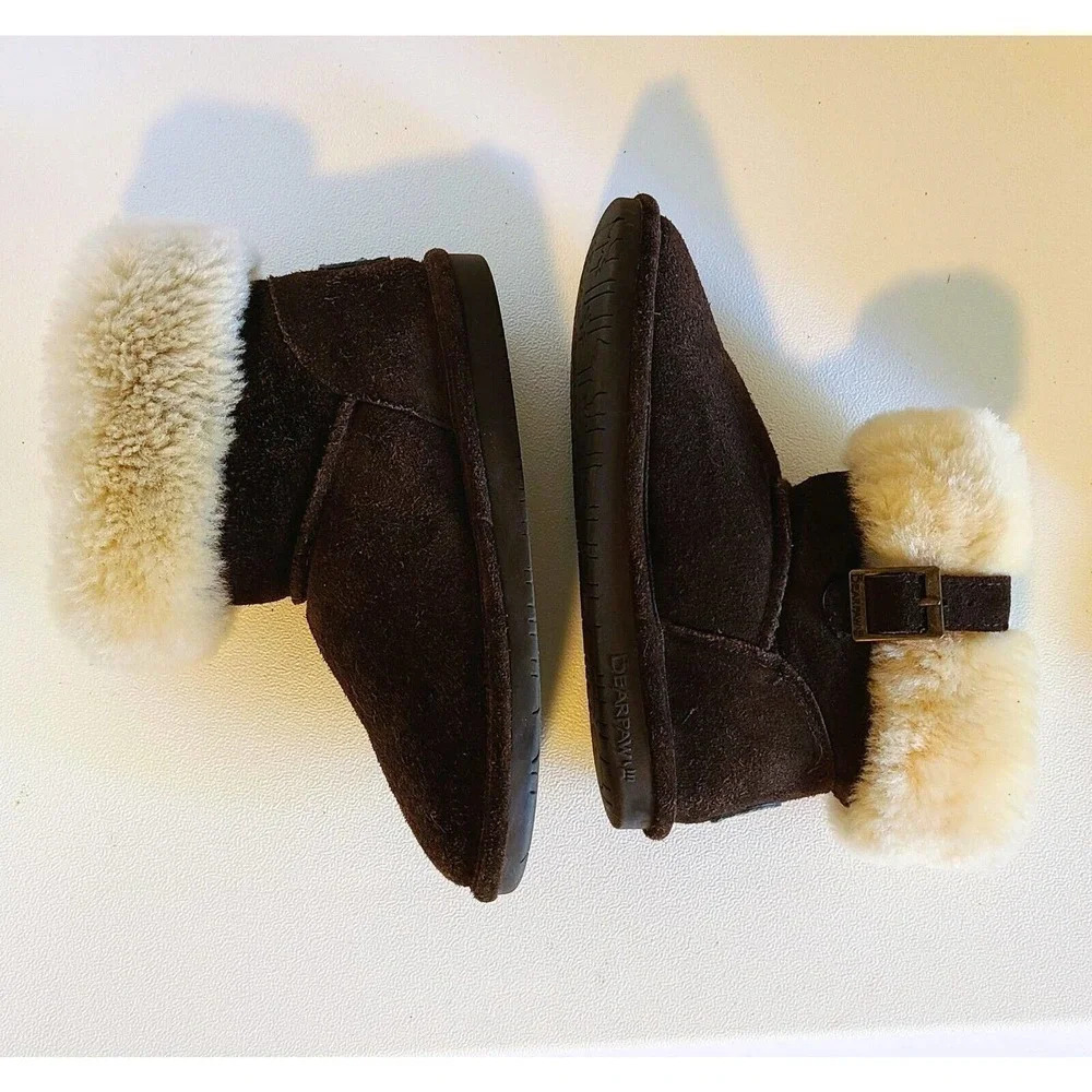 BEARPAW ABBY SHORT SUEDE BOOT SHEARLING CUFF WOOL BLEND LINED BUCKLE SZ 7 - Picture 4 of 8